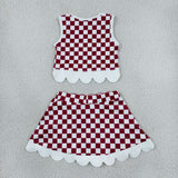GSD4286 Mascot School Team Dark Red Plaid Bows Scallop Edge Yoga Girls Skorts Set