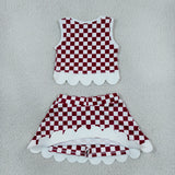 GSD4286 Mascot School Team Dark Red Plaid Bows Scallop Edge Yoga Girls Skorts Set