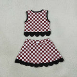GSD4288 Mascot School Team Plaid Black Bows Scallop Edge Yoga Girls Skorts Set