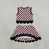 GSD4288 Mascot School Team Plaid Black Bows Scallop Edge Yoga Girls Skorts Set