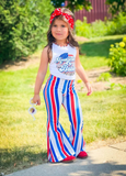 GSPO0655 July 4th American Babe Red Blue Stripe Girl's Set Ribbed Milk Silk Fabric