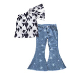 GSPO0692 Cow Star Girl Leopard Jeans 2 Pcs Girl's Set