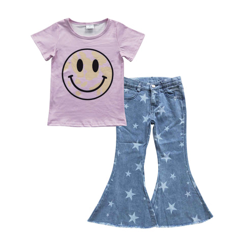 GSPO0694 Pink Smiley face Star Jeans 2 Pcs Girl's Set