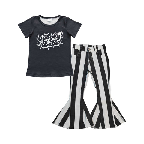 GSPO0695 Spooky Babe Stripe Black Jeans 2 Pcs Girl's Set