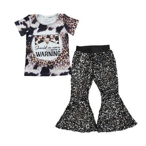 GSPO0711 Fashion WARNING Black Sequin Girl's Set