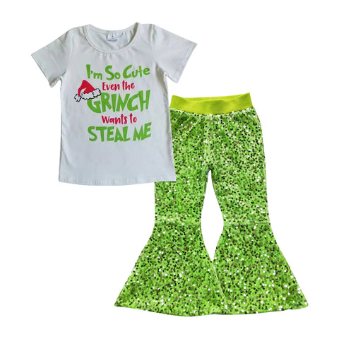 GSPO0721 Christmas Green Sequin Pants Girl's Set