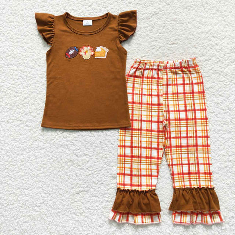 GSPO0759 Embroidery Thanksgiving Day Turkey Brown Plaid Girl's set