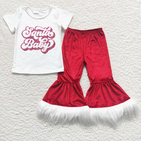 GSPO0791 Christmas Santa Baby Red Golden velvet Girl's set