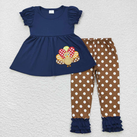GSPO0795 Embroidery Thanksgiving Turkey Dots Blue Girl's Set