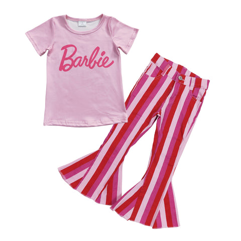 GSPO0806 Barbie Pink Stripe Jeans 2 Pcs Girl's Set