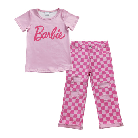 GSPO0807 Barbie Pink Plaid Hole Jeans 2 Pcs Boy's Set