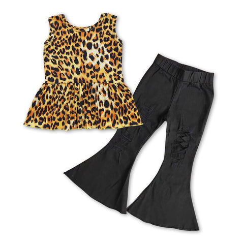 GSPO0855 Leopard Black Jeans 2 Pcs Girl's Set