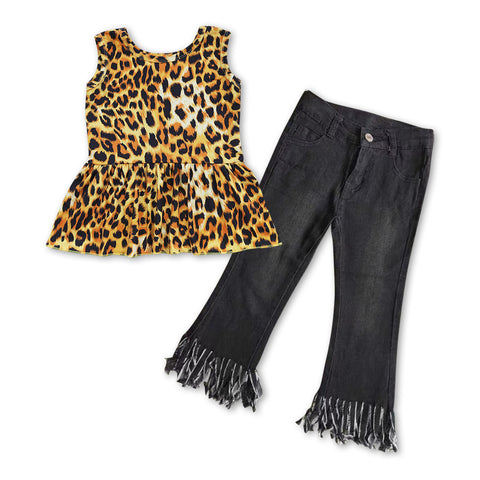 GSPO0856 Leopard Black Tassel Jeans 2 Pcs Girl's Set