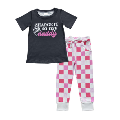 GSPO0859 Charge it to my daddy Pink Plaid Girl's Set