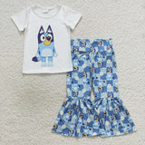 GSPO0861 Cartoon Blue Dog Flower Plaid Girl's Set