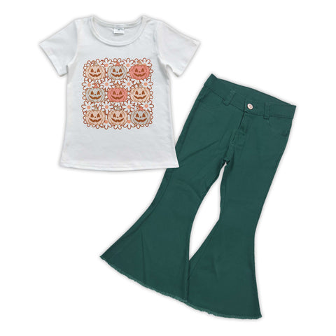 GSPO0870 Pumpkin Green Jeans 2 Pcs Girl's Set