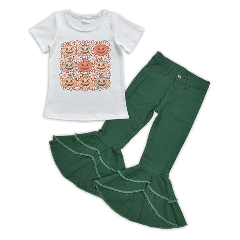 GSPO0871 Cute Pumpkin Green Jeans 2 Pcs Girl's Set