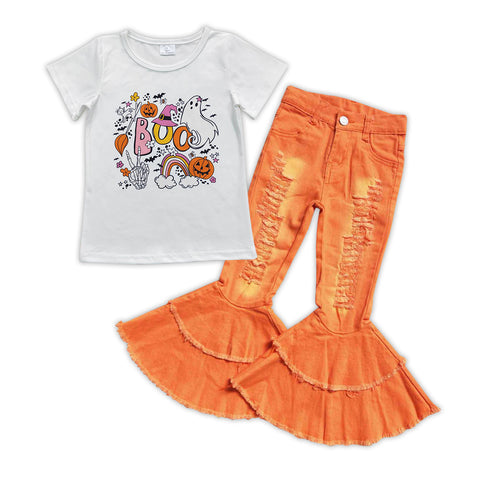 GSPO0890 Halloween BOO Pumpkin Orange Ripped Jeans 2 Pcs Girl's Set