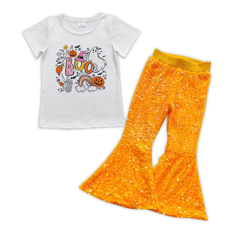 GSPO0891 Halloween BOO Pumpkin Gold Sequin Girl's Set