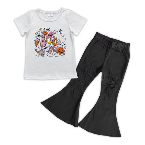 GSPO0893 Halloween BOO Pumpkin Black Jeans 2 Pcs Girl's Set