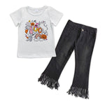 GSPO0894 Halloween BOO Pumpkin Black Tassel Jeans 2 Pcs Girl's Set