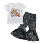 GSPO0897 Halloween BOO Pumpkin Black Leather Flared Pants 2 Pcs Girl's Set