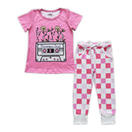 GSPO0908 Fashion Vintage Soul Pink Flower Plaid Girl's Set