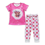 GSPO0910 Cow Flower Pink Flower Plaid Girl's Set