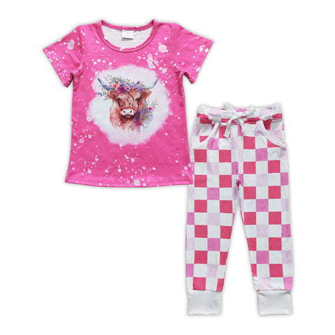 GSPO0910 Cow Flower Pink Flower Plaid Girl's Set