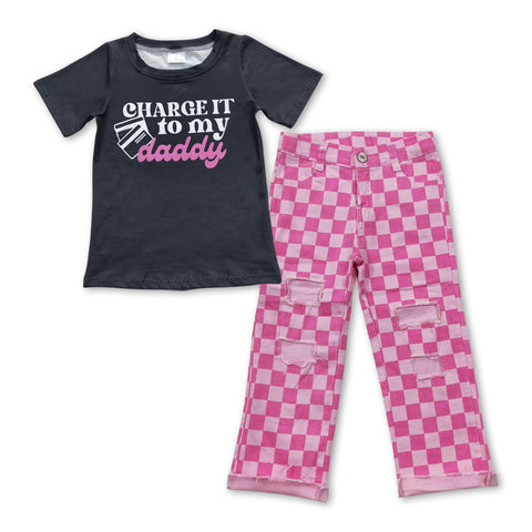 GSPO0931 Charge it to my daddy Pink Plaid Jeans 2 Pcs Girl's Set