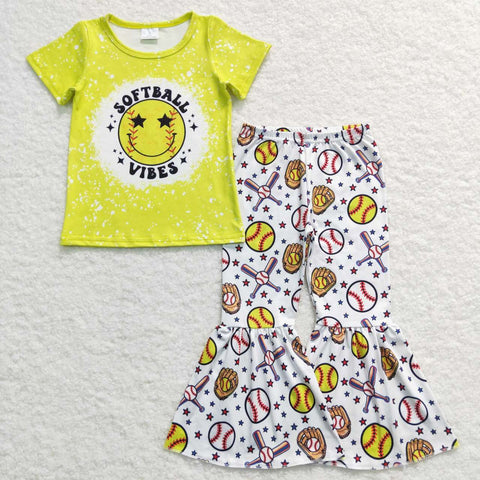 GSPO0936 Softball Vibes smiley face Yellow Girl's Set