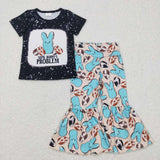 GSPO0942 Black Bunny Shirt Long Pants 2 Pcs Girl's Set