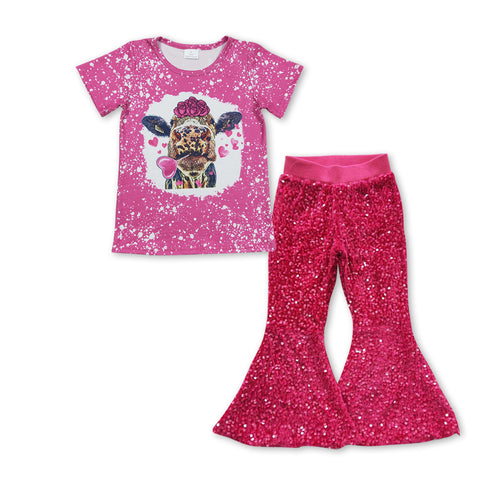 GSPO0952 Valentine's Day Cow Pink Sequin Girl's Set