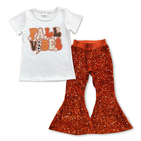 GSPO0955 Fall Vibes Flower Orange Sequin Girl's Set