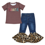 GSPO0981 Fashion Thankful Leopard Jeans 2 Pcs Girl's Set