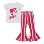 GSPO0982 Fashion Barbie Hot Pink Stripe Jeans 2 Pcs Girl's Set