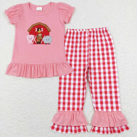 GSPO0994 Embroidery Farm House Animal Red Plaid Girl Set