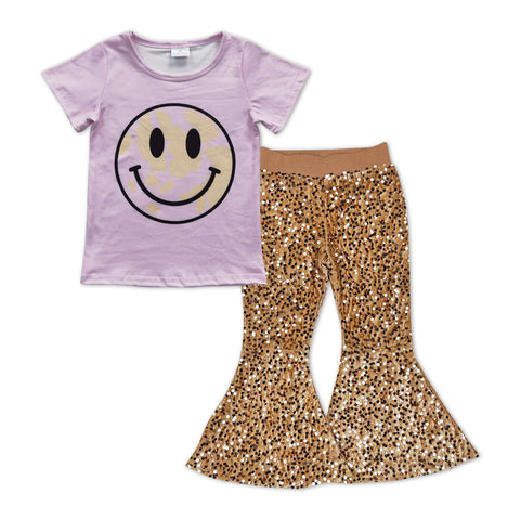 GSPO0997 Smiley face Pink Gold Sequin Girl's Set