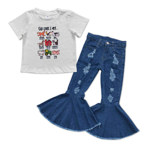 GSPO1003 Farm Flare Denim Pants Jeans 2 Pcs Girls Set