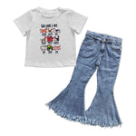 GSPO1004 Farm Tassel Flare Denim Pants Jeans 2 Pcs Girls Set