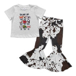 GSPO1005 Farm Brown Cow Flare Denim Pants Jeans 2 Pcs Girls Set