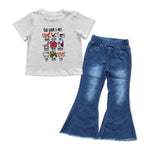 GSPO1007 Farm Blue Flare Denim Pants Jeans 2 Pcs Girls Set