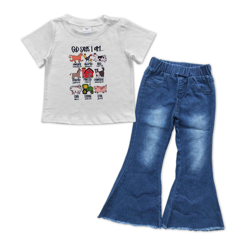 GSPO1007 Farm Blue Flare Denim Pants Jeans 2 Pcs Girls Set