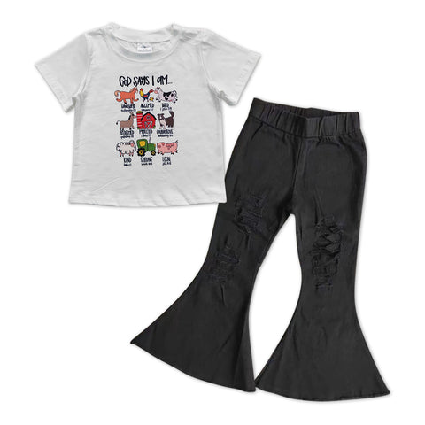 GSPO1008 Farm Black Flare Denim Pants Jeans 2 Pcs Girls Set