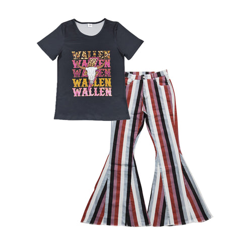 GSPO1037 WALLEN Brown Stripe Jeans Denim Flare Pants Adult's Women Set