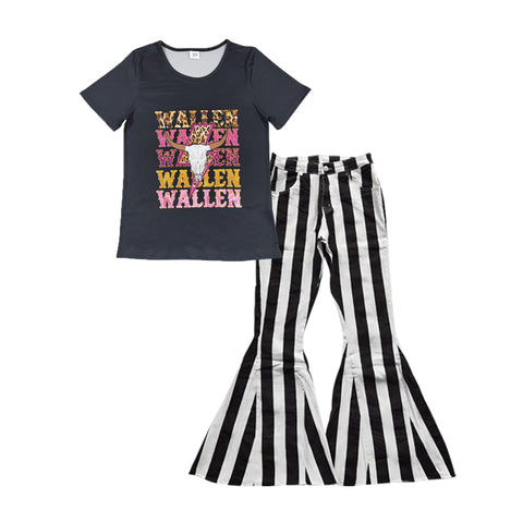 GSPO1038 WALLEN Black Stripe Jeans Denim Flare Pants Adult's Women Set