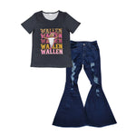 GSPO1040 WALLEN Blue Ripped Jeans Denim Flare Pants Adult's Women Set