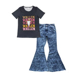 GSPO1041 WALLEN Blue Jeans Denim Flare Pants Adult's Women Set