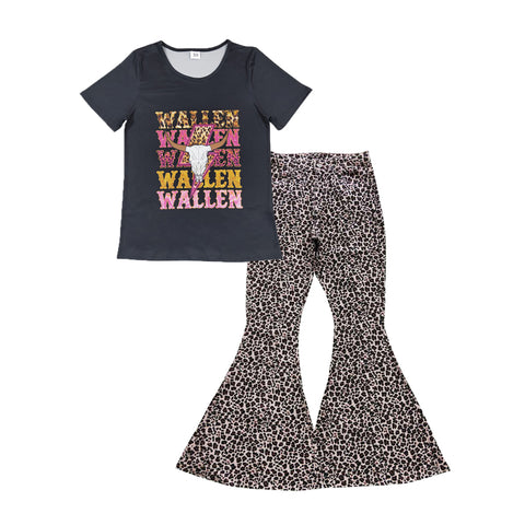 GSPO1043 WALLEN Leopard Jeans Denim Flare Pants Adult's Women Set