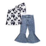 GSPO1061 Cow Blue Flare Denim Pants Jeans 2 Pcs Girls Set